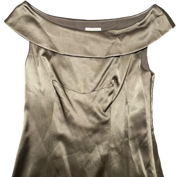 NEW Karen Millen Silk Off Shoulder Mini Dress Metallic Khaki Green - US Size 6 - Picture 2 of 11